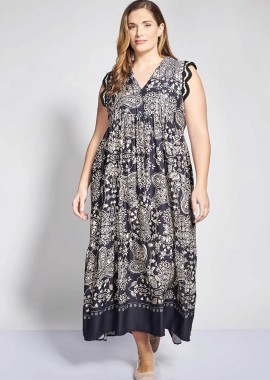Parabita γυναικείο midi αμάνικο φόρεμα με paisley print - 012610600181 Μαύρο