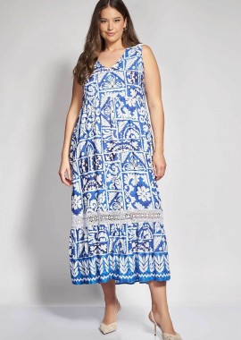 Parabita γυναικείο midi αμάνικο φόρεμα με floral print - 012610600189 Μπλε