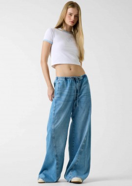 Guess γυναικείο τζιν παντελόνι με ελαστική μέση Wide Leg - W6RA2JD6542 Denim Blue Ανοιχτό