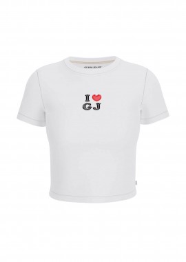 Guess γυναικείο T-shirt cropped με print Slim Fit - W6GIB1J1314 Λευκό