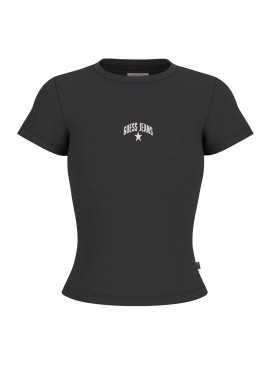Guess γυναικείο T-shirt ribbed με κεντημένο λογότυπο Slim Fit - W6GPZ3KA0H1 Μαύρο