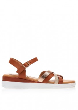Flatforms κάμελ δερματίνη με μπρονζέ χιαστί λουράκια ΚΑΜΕΛ