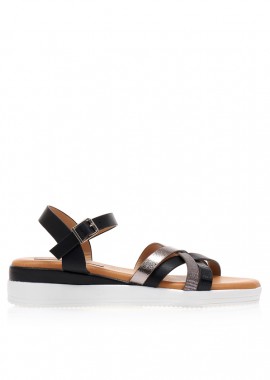 Flatforms μαύρα δερματίνη με ανθρακί χιαστί λουράκια ΜΑΥΡΟ
