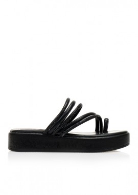 Flatforms TSOUKALAS μαύρα δερματίνη με λουράκια από στρας και σχέδιο δαχτυλίδι ΜΑΥΡΟ
