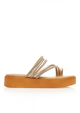 Flatforms TSOUKALAS χρυσά δερματίνη με λουράκια από στρας και σχέδιο δαχτυλίδι ΧΡΥΣΟ