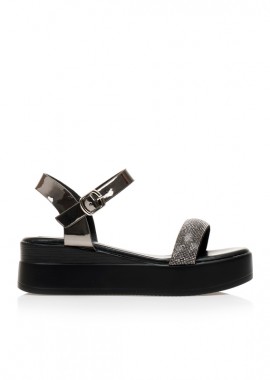 Flatforms μαύρα δερματίνη με στρας και λουστρίνι λουράκι ΜΑΥΡΟ