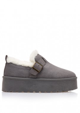 Μποτάκια γκρι σουέτ με γουνάκι και διακοσμητική αγκράφα ΓΚΡΙ