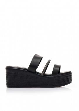 Flatforms TSOUKALAS μαύρα δερματίνη με λουράκι από στρας ΜΑΥΡΟ