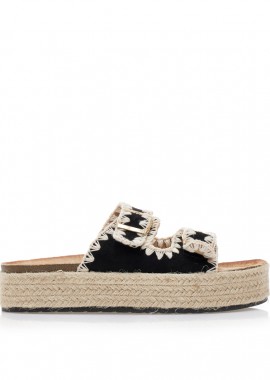 Flatforms μαύρα σουέτ και ψάθινα με ρυθμιζόμενη φάσα ΜΑΥΡΟ