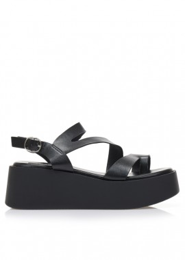 Flatforms μαύρα δερματίνη με πολλαπλά λουράκια και σχέδιο δαχτυλίδι ΜΑΥΡΟ