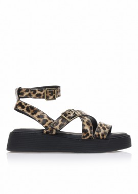 Flatforms animal print δερματίνη με χιαστί λουράκια ΛΕΟΠΑΡ