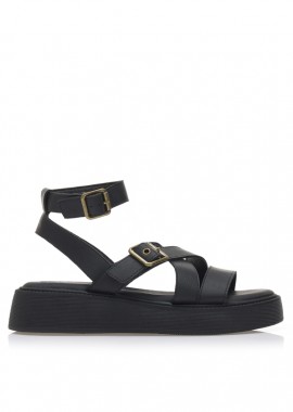Flatforms μαύρα δερματίνη με χιαστί λουράκια ΜΑΥΡΟ
