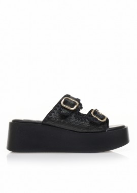 Flatforms μαύρα ψάθινα με διπλή ρυθμιζόμενη φάσα ΜΑΥΡΟ