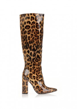 Μπότες animal print λουστρίνι με χοντρό τακούνι ΛΕΟΠΑΡ