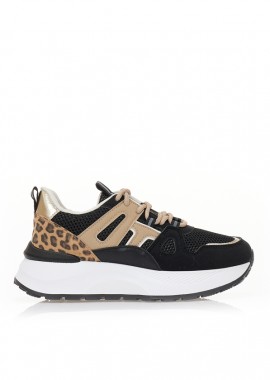 Αθλητικά μαύρα υφασμάτινα με animal print δερματίνη λεπτομέρειες και λούρεξ ΜΑΥΡΟ