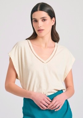 FUNKY BUDDHA - Γυναικείο linen blend μονόχρωμο t-shirt