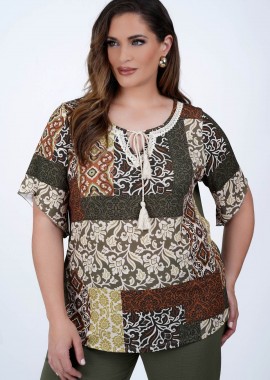 - Boho-chic Μπλούζα Εμπριμέ Patchwork με δέσιμο