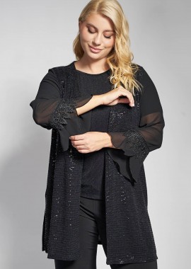 - Μακριά ζακέτα με μεταλλική λάμψη και μανίκια σιφόν