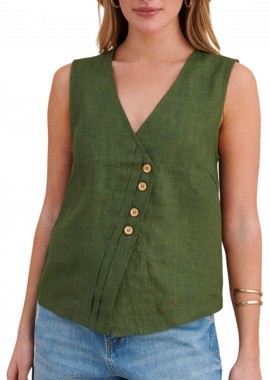Attrattivo - Top Attrattivo Αμάνικο Λινό Ασύμμετρο 9923079-GREEN Γυναικείο