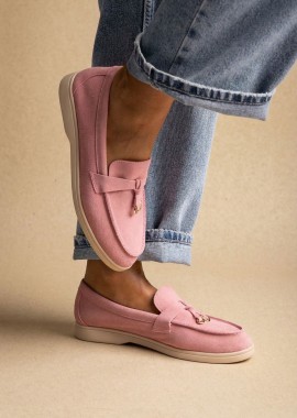 Ideal shoes - Ideal shoes Comfort Loafers with Metal Detail - 9753 - Pink Suede