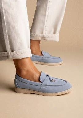 Ideal shoes - Ideal shoes Comfort Loafers with Metal Detail - 9753 - Light Blue Suede