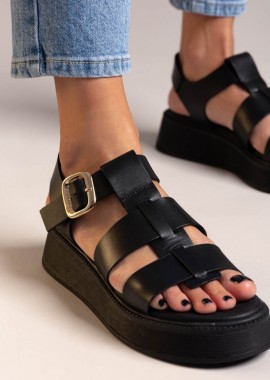 RAGAZZA - RAGAZZA Δερμάτινα σανδάλια flatform με αγκράφα - 1239 - Μαύρο