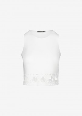 Cutcuutur - Cropped Tank Top With Laser-Cut Print Around Hem in White