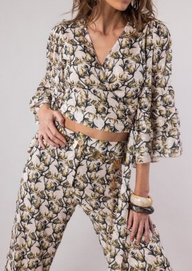 - Τοπ OPEN Floral Crop Με Βολάν Μανίκια