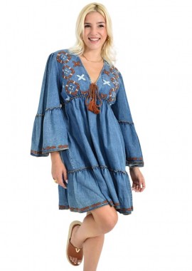 Potre OR - Μαύρο Mini Φόρεμα Folk Style με Κεντήματα & Καμπάνα Μανίκια Μπλε Τζιν 26647