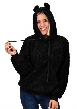 Potre OR - Γυναικεία μπλούζα με οικολογική γούνα αυτάκια Μαύρο 17969