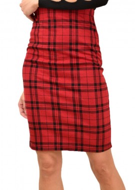 Potre OR - Καρό Κοντή Φούστα Pencil με Λάστιχο Κόκκινο 13209