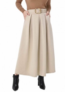 Potre OR - Ψηλόμεση Midi Φούστα με Πιέτες & Ζώνη Εκρού 27279