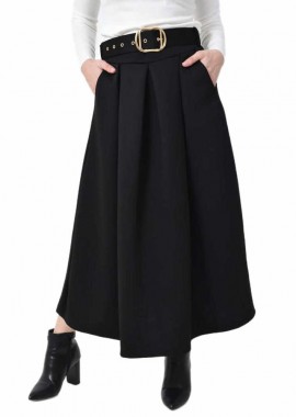 Potre OR - Ψηλόμεση Midi Φούστα με Πιέτες & Ζώνη Μαύρο 27273