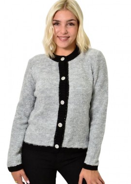 Potre OR - Πλεκτή ζακέτα με ρέλια σε αντίθεση και στρας κουμπιά Γκρι 25761