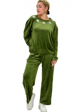 Potre OR - Γυναικείο σετ βελουτέ oversized με στρας Λαδί 22045