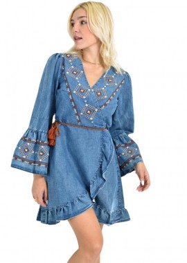 Potre OR - Denim Κρουαζέ Φόρεμα με Κεντήματα & Βολάν Μπλε Τζιν 26645