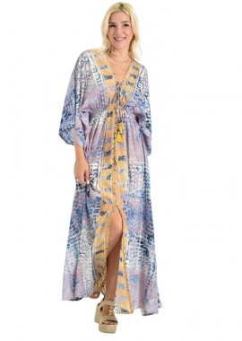 Potre OR - Καφτάνι Μάξι με Animal Print & Φαρδιά Μανίκια Μπλε 26708
