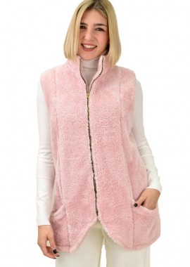 First Woman - Γουνάκι αμάνικο μπουφάν προβατάκι με φερμουάρ Ροζ 227