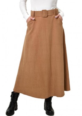 Potre OR - Γυναικεία φούστα κοτλέ με ζώνη Μπεζ 22585