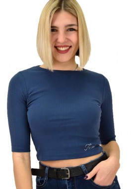 First Woman - Τοπ κοντομάνικο με στρας Μπλε Σκούρο 916