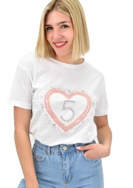 Potre OR - Γυναικείο T-shirt με στρας και σχέδιο καρδιά Λευκό 19373