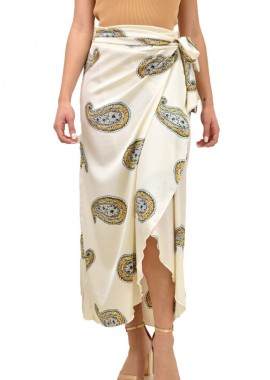 First Woman - Κρουαζέ σατέν εμπριμέ φούστα Εκρού 18996