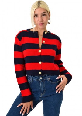 Potre OR - Γυναικεία ριγέ ζακέτα με χρυσά κουμπιά Κόκκινο 25613