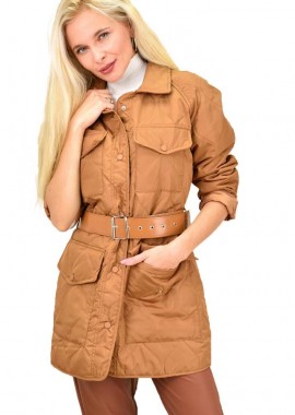 Potre OR - Γυναικείο καπιτονέ μπουφάν με ζώνη Καφέ 13322