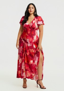 MAT FASHION - Maxi φόρεμα με φλοράλ σχέδιο και βολάν μανίκια