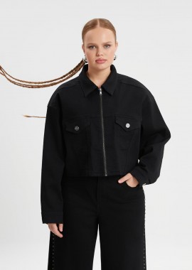 MAT FASHION - Τζιν μπουφάν cropped με φερμουάρ