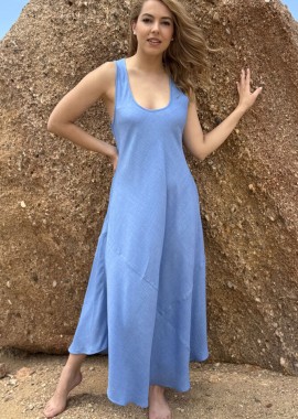 Anna Raxevsky - ΓΑΛΑΖΙΟ ΦΟΡΕΜΑ LINEN-LOOK ΜΕ ΔΙΑΚΟΣΜΗΤΙΚΑ ΓΑΖΙΑ
