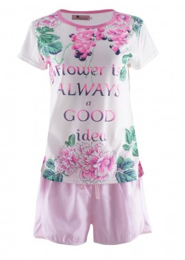 gsecret - B-doll κοντό μανίκι floral-print & σόρτς μονόχρωμο κανονική γραμμή ΡΟΖ