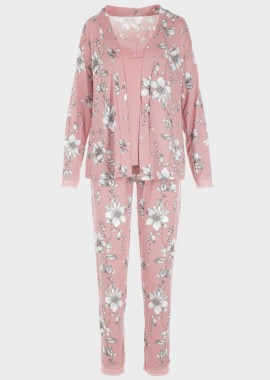 gsecret - Γυναικείο σετ πιτζάμα all print floral ζακέτα τοπ & παντελόνι.Συσκευασία 3pack. ΡΟΖ