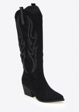 Issue - Suede cowboy μπότες με strass και διακοσμητικές φλόγες - Μαύρο